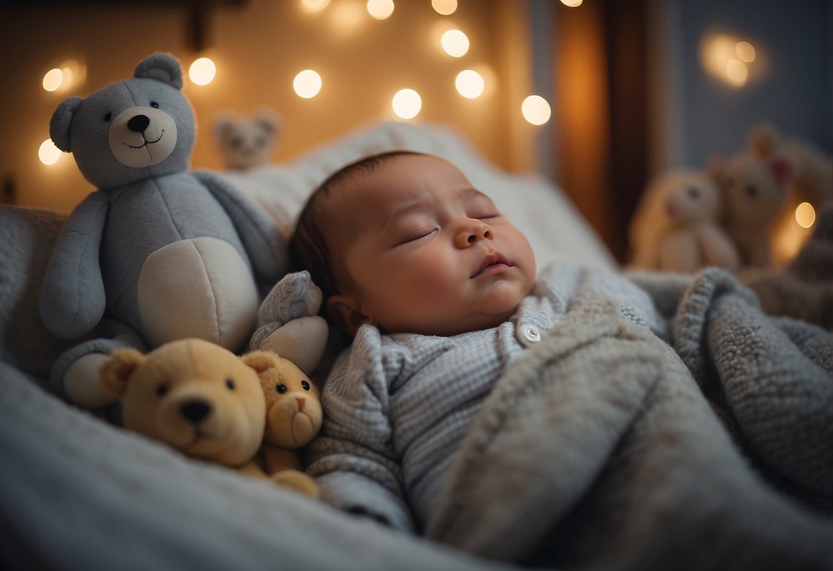 A peaceful baby sleeps soundly in a cozy crib, surrounded by soft toys and a gentle nightlight. The room is quiet, and the baby is nestled in a warm blanket, showing signs of positive growth and stability in their sleep patterns