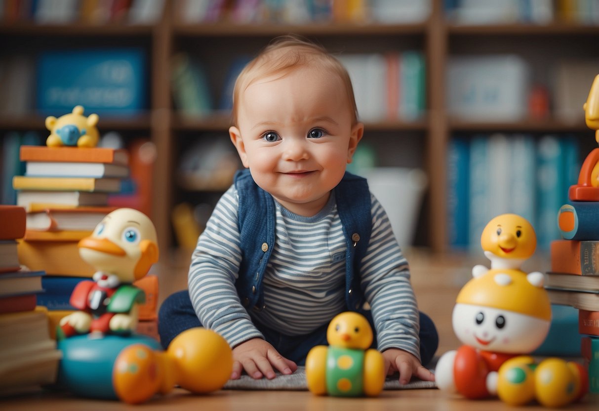 A smiling baby looking directly at the viewer, surrounded by toys and books, with a nurturing caregiver nearby