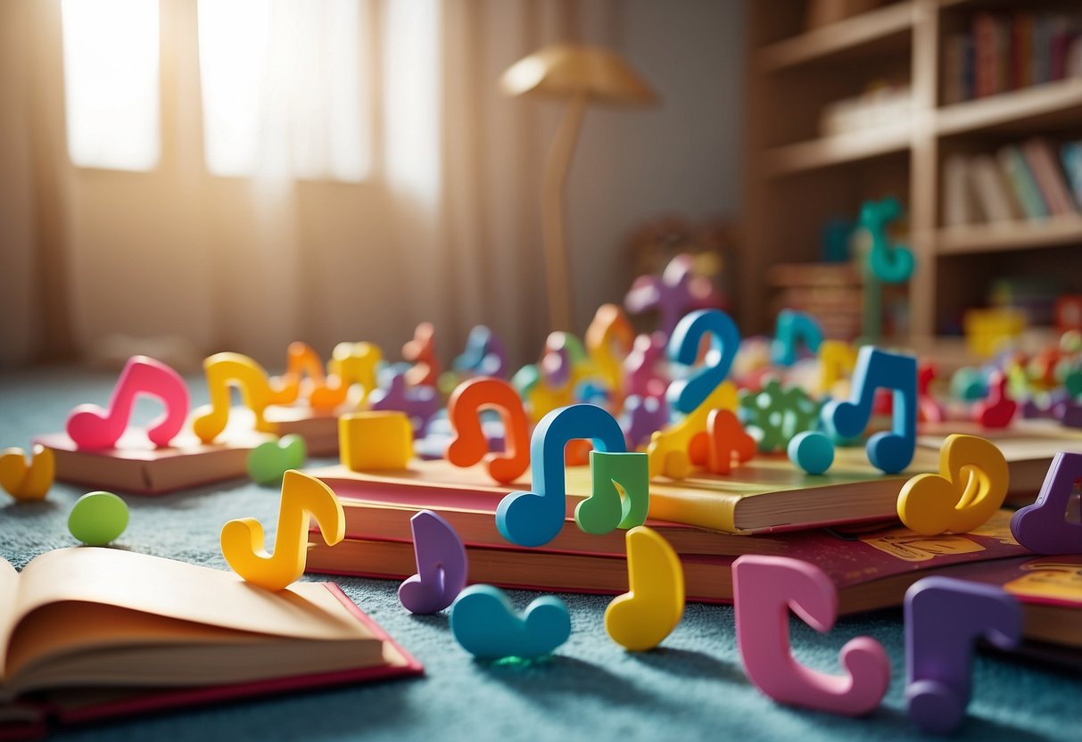 A group of colorful musical notes float above a baby's play area, while a book of educational songs sits open nearby. Toys and interactive learning materials are scattered around, creating a fun and engaging environment for the baby's learning process