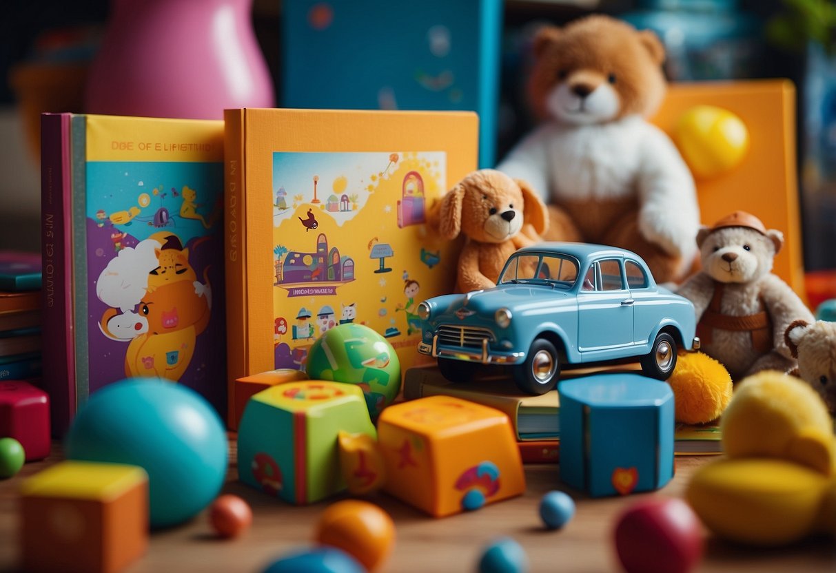 A baby's toys and books scattered around, with colorful illustrations and interactive features. Bright, happy colors and a sense of exploration and discovery