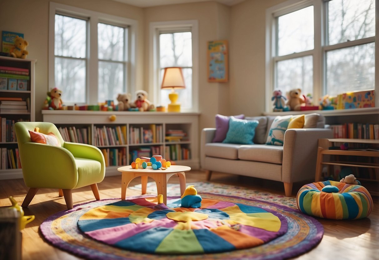 A cozy living room with colorful books and educational toys scattered on the floor. Soft music plays in the background as natural light floods through the open windows, highlighting a child-sized table and chairs set up for creative activities