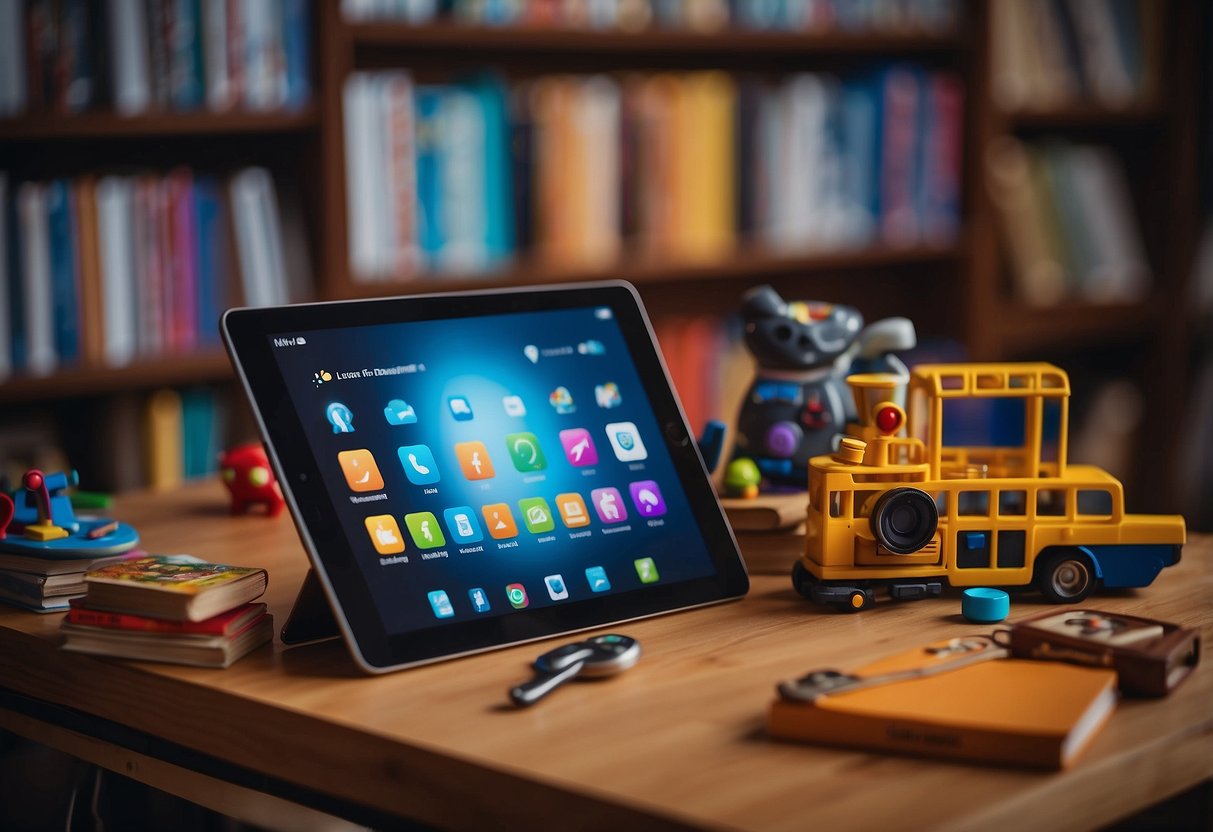 Various learning apps displayed on a tablet, surrounded by books, toys, and art supplies. A cozy, well-lit room with comfortable seating and a colorful rug