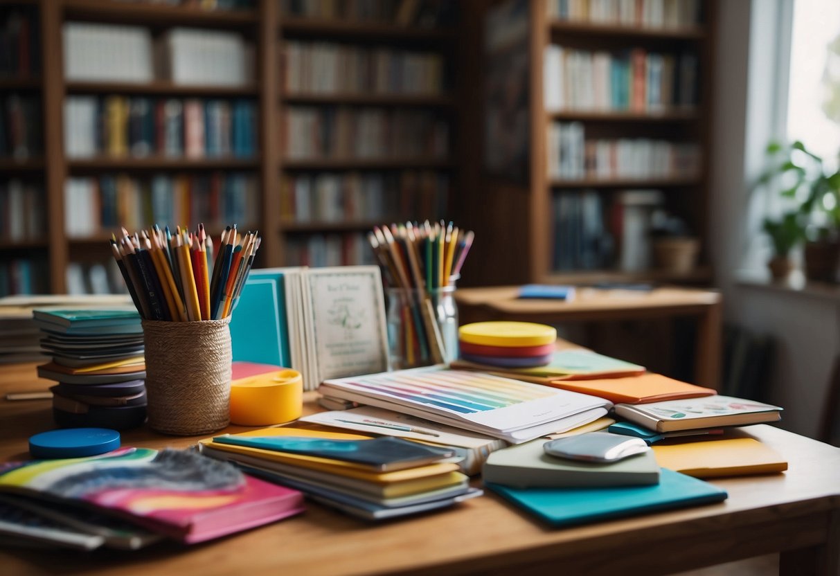 A table with art supplies neatly organized. Bright natural light fills the room. A cozy chair and small table for writing or drawing. A bookshelf stocked with creative inspiration. A colorful rug on the floor for comfort