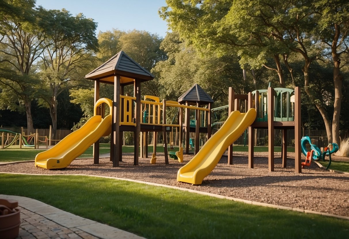 A spacious outdoor area with diverse play equipment, natural elements, and designated zones for different activities. It is surrounded by greenery and has ample space for children to explore and engage in various developmental activities