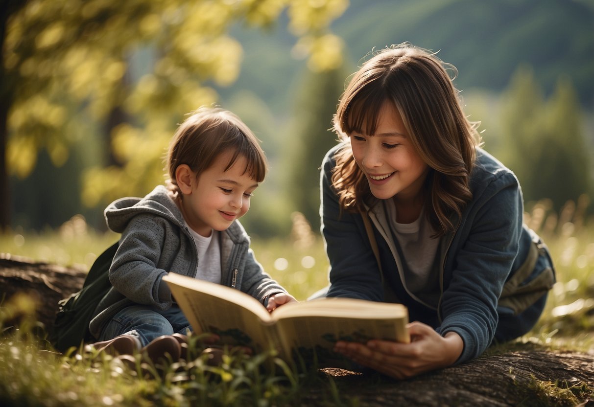 A parent and child engaged in activities like reading, playing, and exploring nature together, fostering a strong bond and promoting healthy development