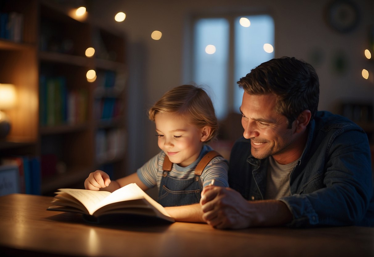 A parent sits beside a child, holding an open book. Both are engaged, with the child leaning in to listen and the parent using animated expressions while reading aloud. The scene exudes warmth and closeness