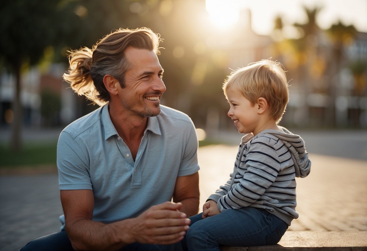 A parent and child sit facing each other, smiling and engaged in conversation. The child's eyes are bright with interest as the parent listens attentively