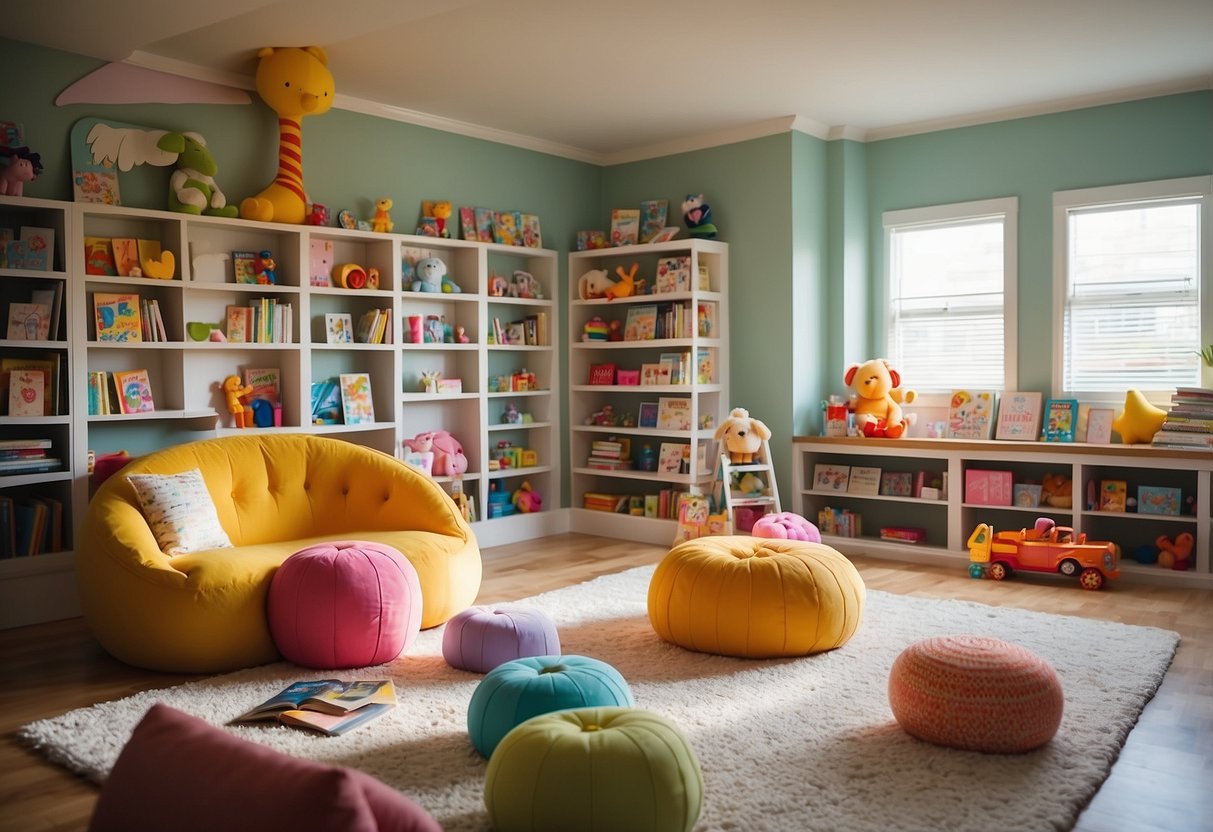 A colorful playroom with educational toys, books, and art supplies. A cozy reading nook with soft pillows and a variety of children's books. Bright, natural lighting and cheerful wall decor