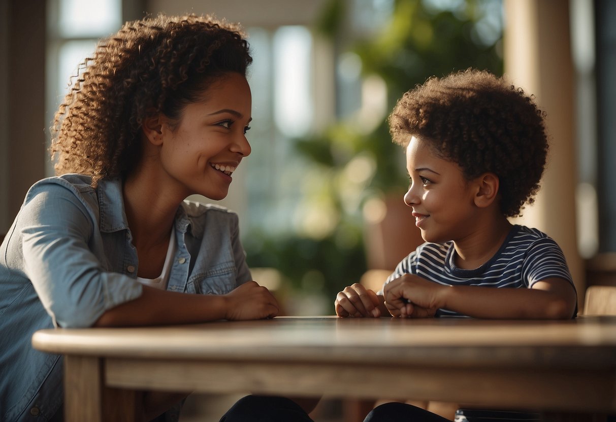 A parent and child engage in a calm conversation, maintaining eye contact. The parent actively listens and responds empathetically, validating the child's emotions