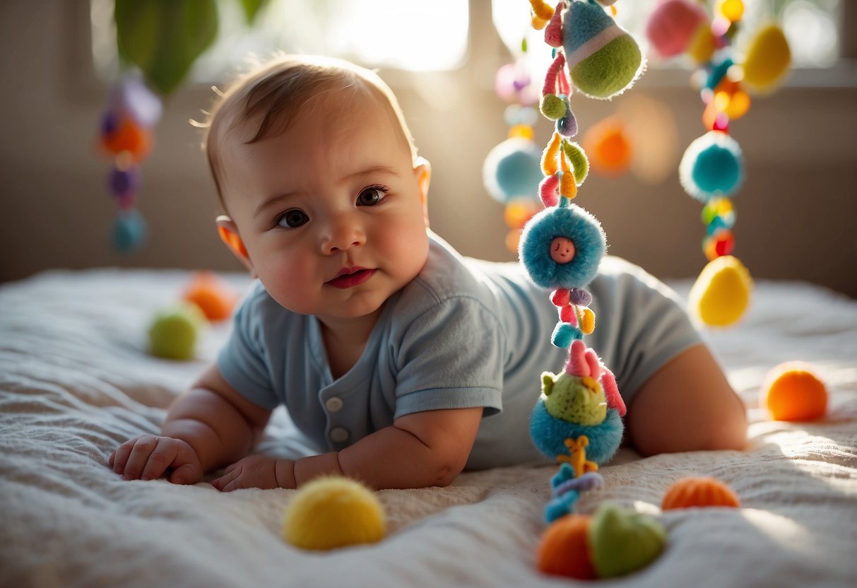 A baby lying on a soft blanket surrounded by colorful toys, reaching for a hanging mobile above. Sunlight streams through the window, casting a warm glow on the peaceful scene