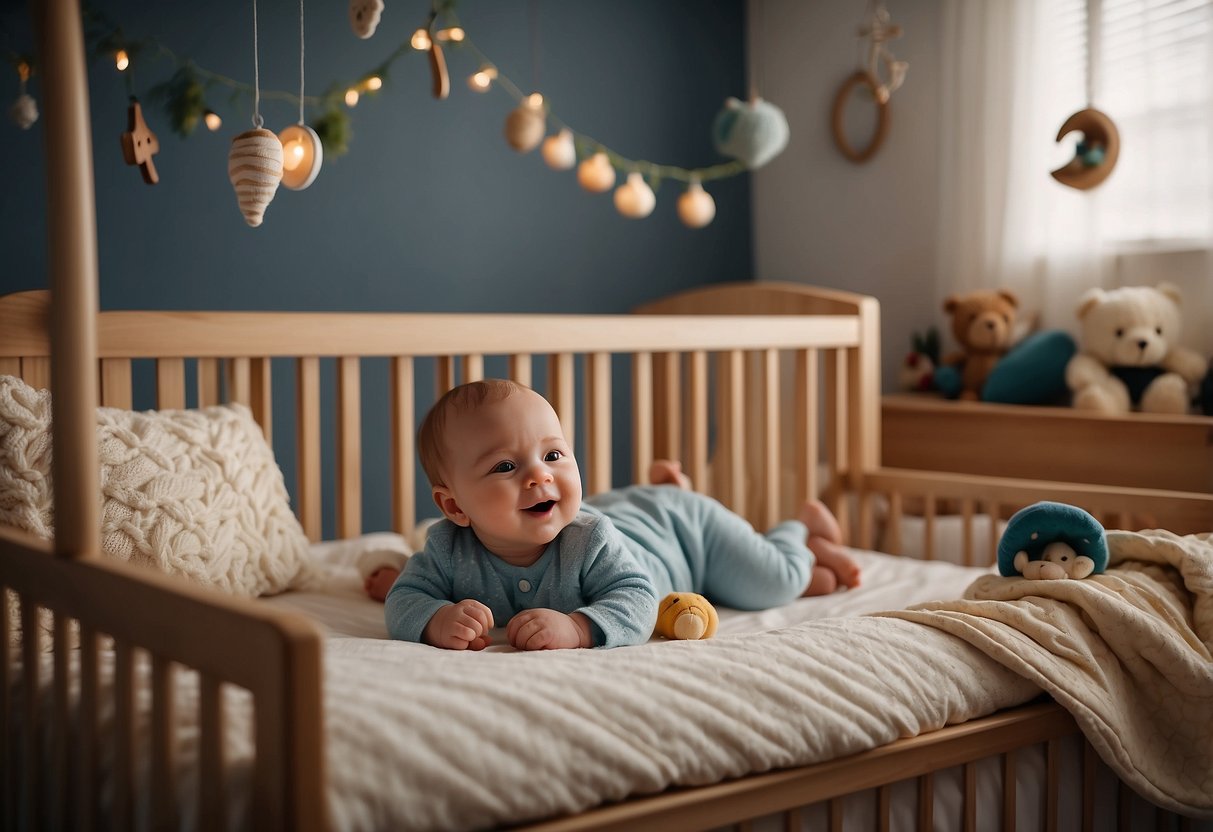 A baby's room with musical toys scattered on the floor, a mobile hanging above the crib, and a parent singing lullabies while rocking the baby to sleep