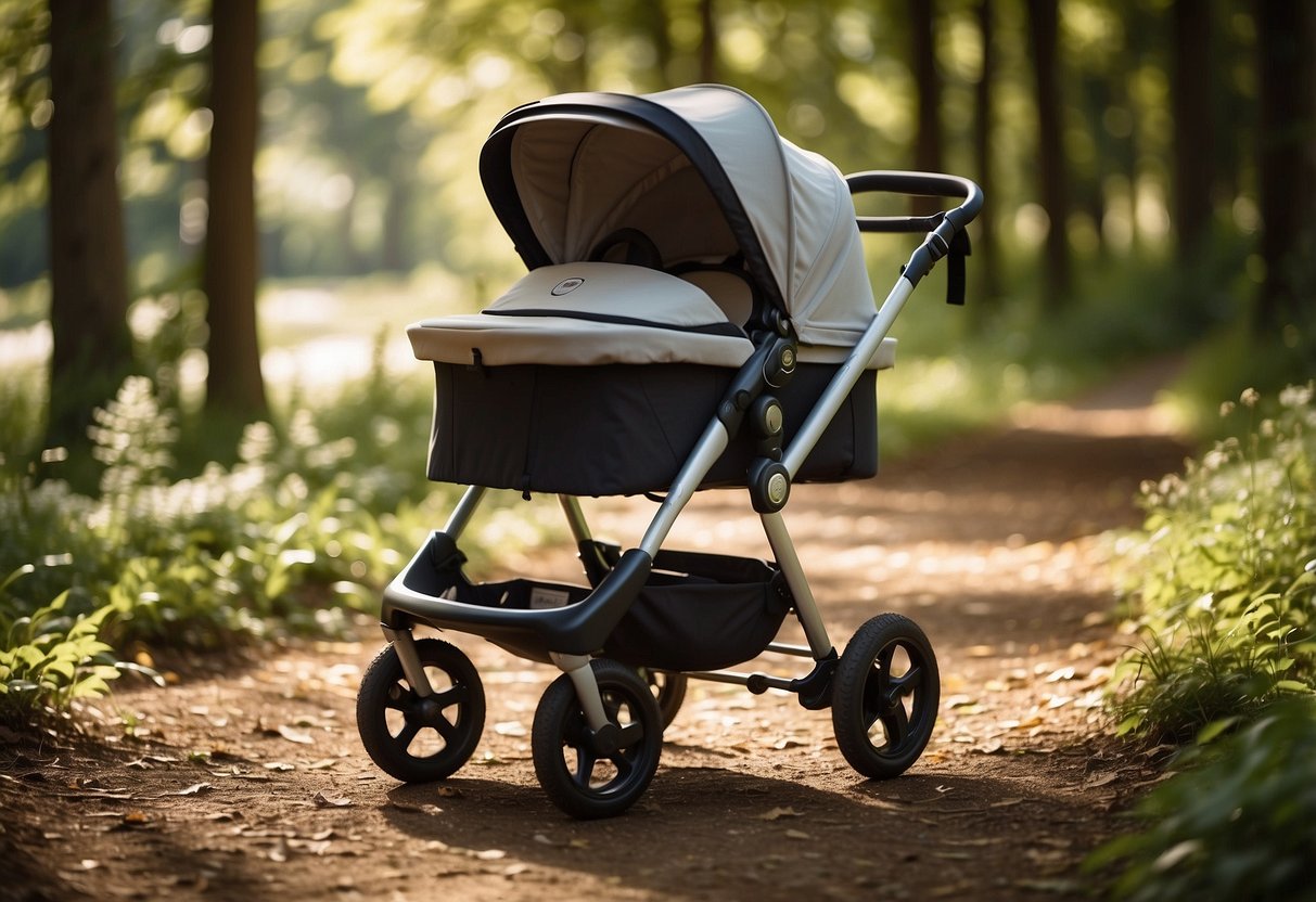 A baby stroller on a peaceful nature trail, surrounded by trees and wildlife. Sunlight filters through the leaves, creating dappled shadows on the ground. A gentle breeze rustles the leaves, and birds chirp in the distance