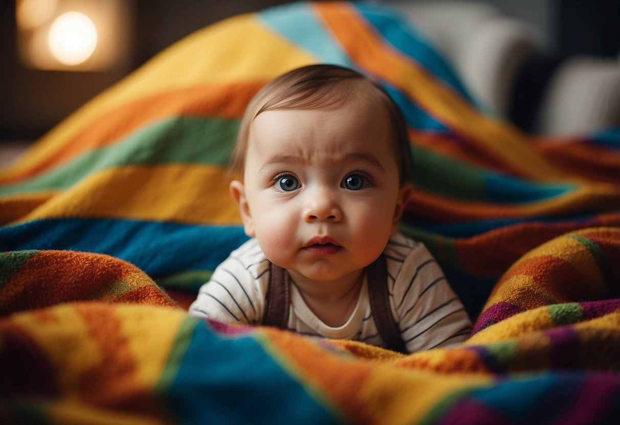 A baby's face peeking out from behind a colorful blanket, with a look of excitement and curiosity. Toys and books scattered around the room, creating a playful and stimulating environment