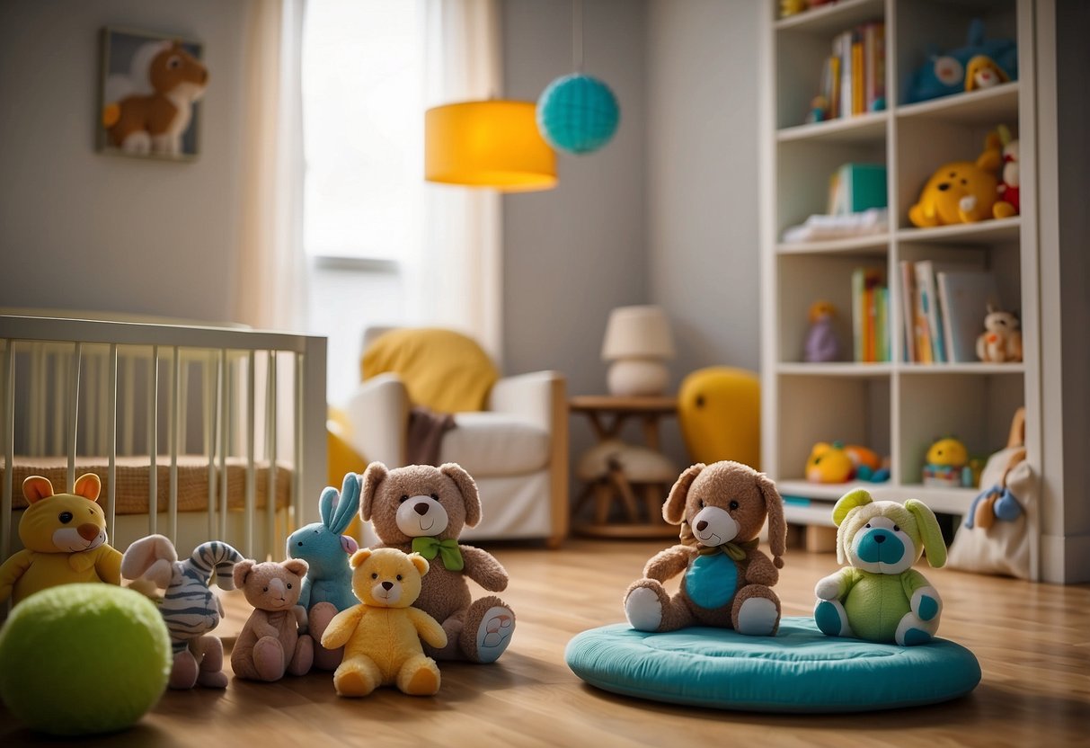 A baby's toys and books neatly organized on a shelf, a colorful play mat on the floor, and a mobile hanging above the crib