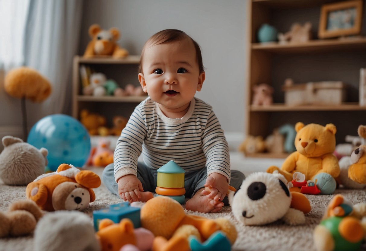 A baby surrounded by toys, books, and sensory activities. A parent engaging in play, reading, and talking to the baby. A nurturing environment with interactive and stimulating materials