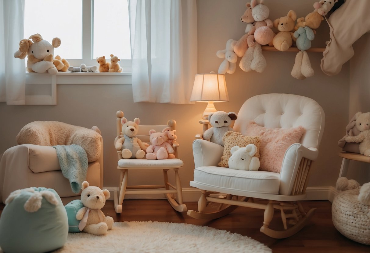 A cozy nursery with soft, pastel colors. A rocking chair sits in the corner, surrounded by stuffed animals. A mobile hangs above the crib, gently spinning as lullabies play in the background