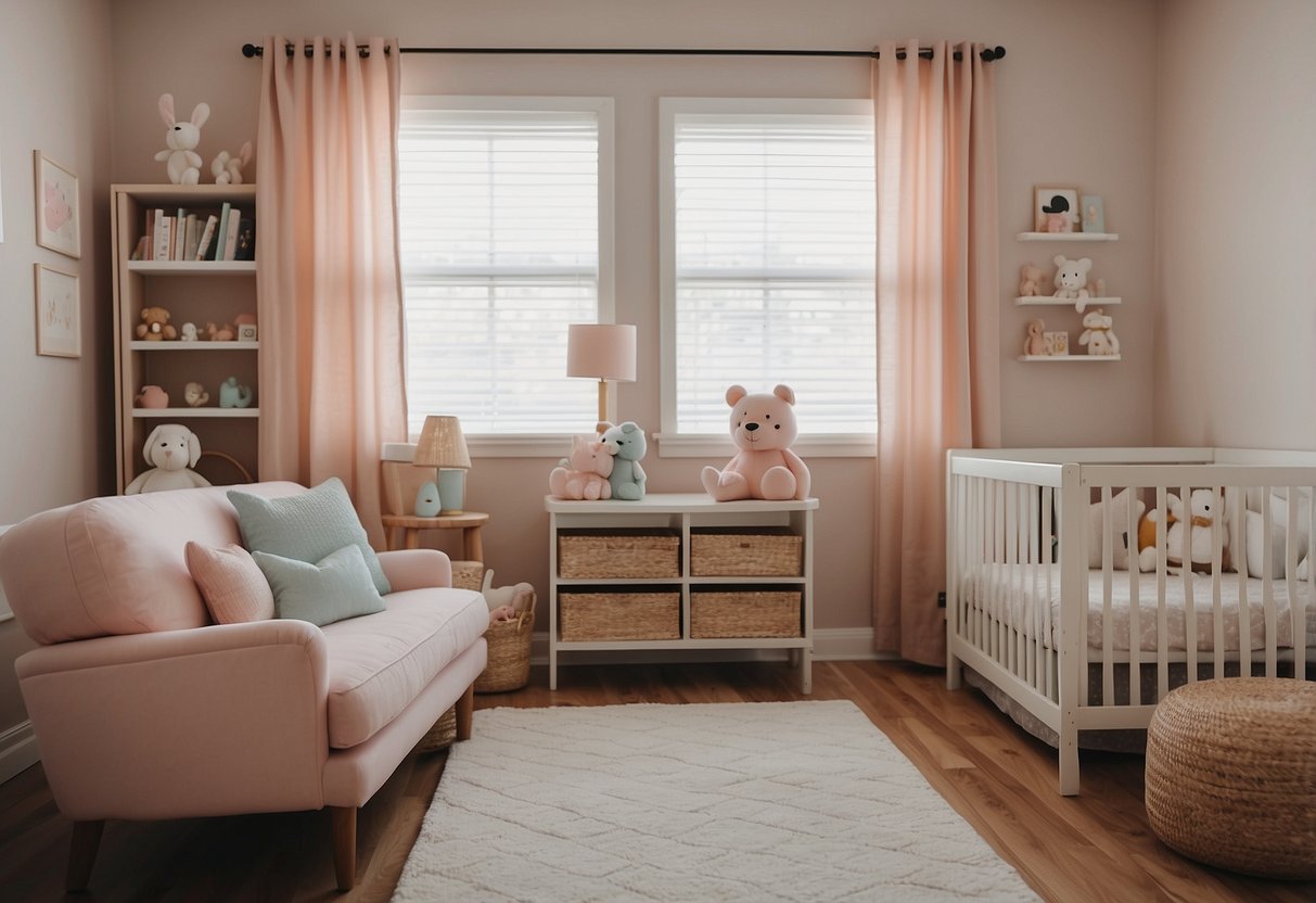 A cozy nursery with soft, pastel colors and childproof furniture. Toys and books are neatly organized, and safety gates and outlet covers are in place