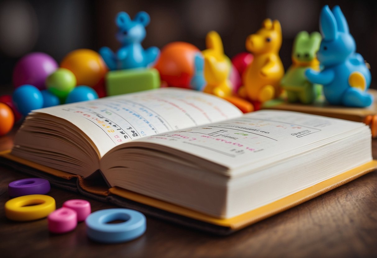 A baby book open on a table, surrounded by colorful toys and a calendar with scheduled checkup dates marked in bright colors