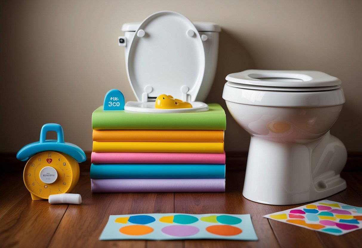 A child's potty surrounded by colorful stickers, a step stool, a reward chart, a stack of training pants, a timer, a small toilet seat, and a favorite book