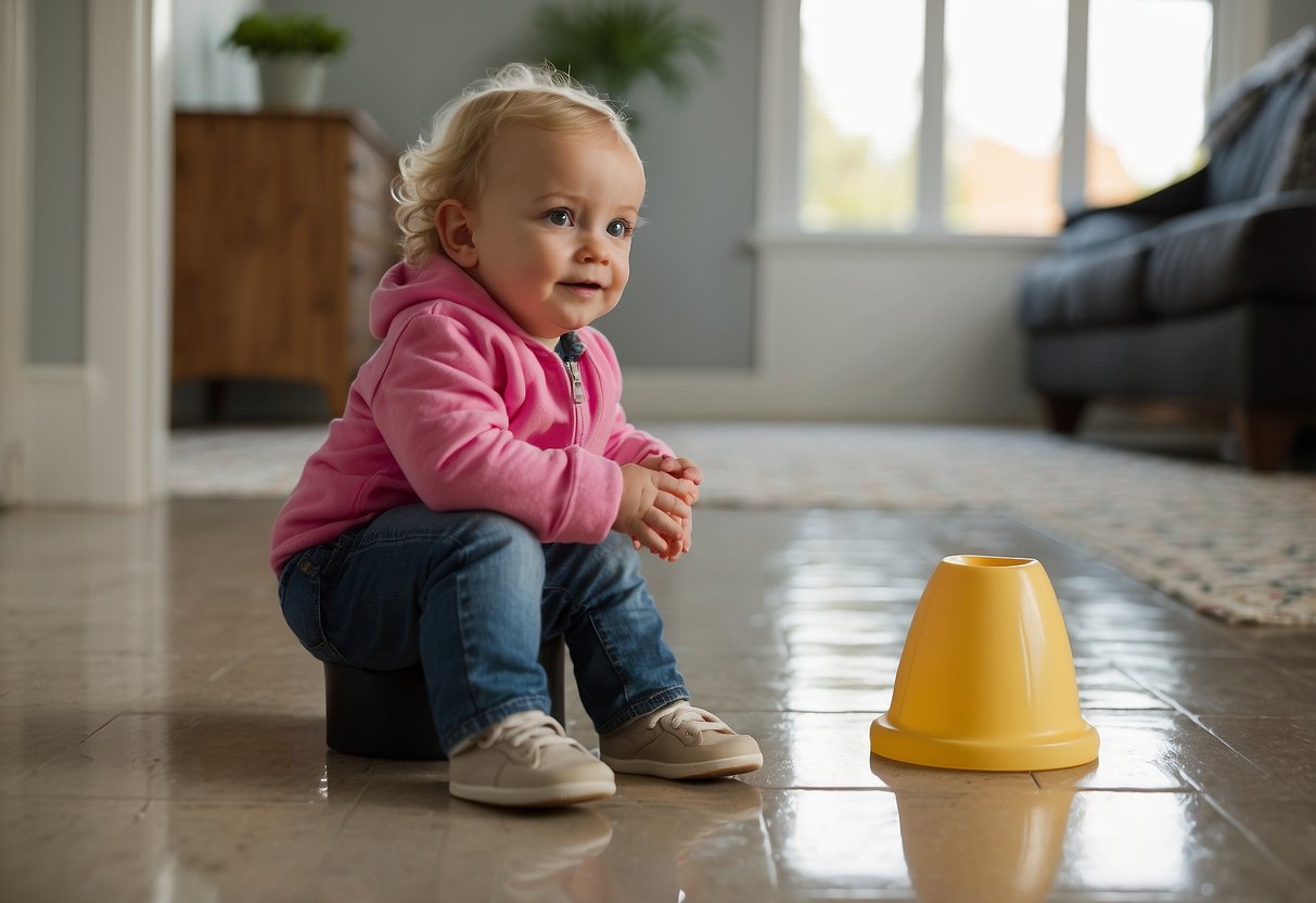 A toddler's potty sits unused while the parent watches, unaware of the child's cues. A puddle on the floor indicates a missed opportunity for successful potty training