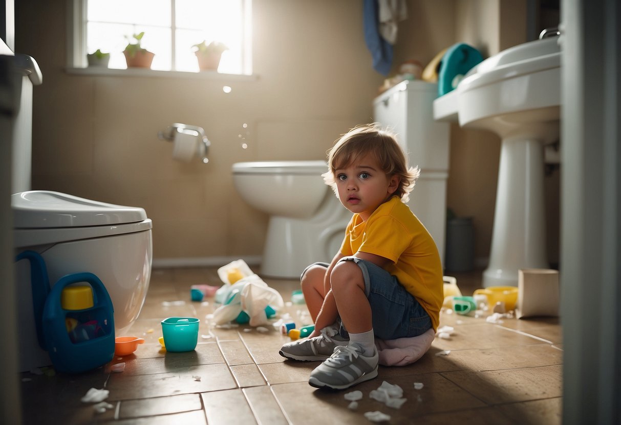 A messy bathroom with scattered training supplies and frustrated parents. A child's confused expression as they struggle with potty training