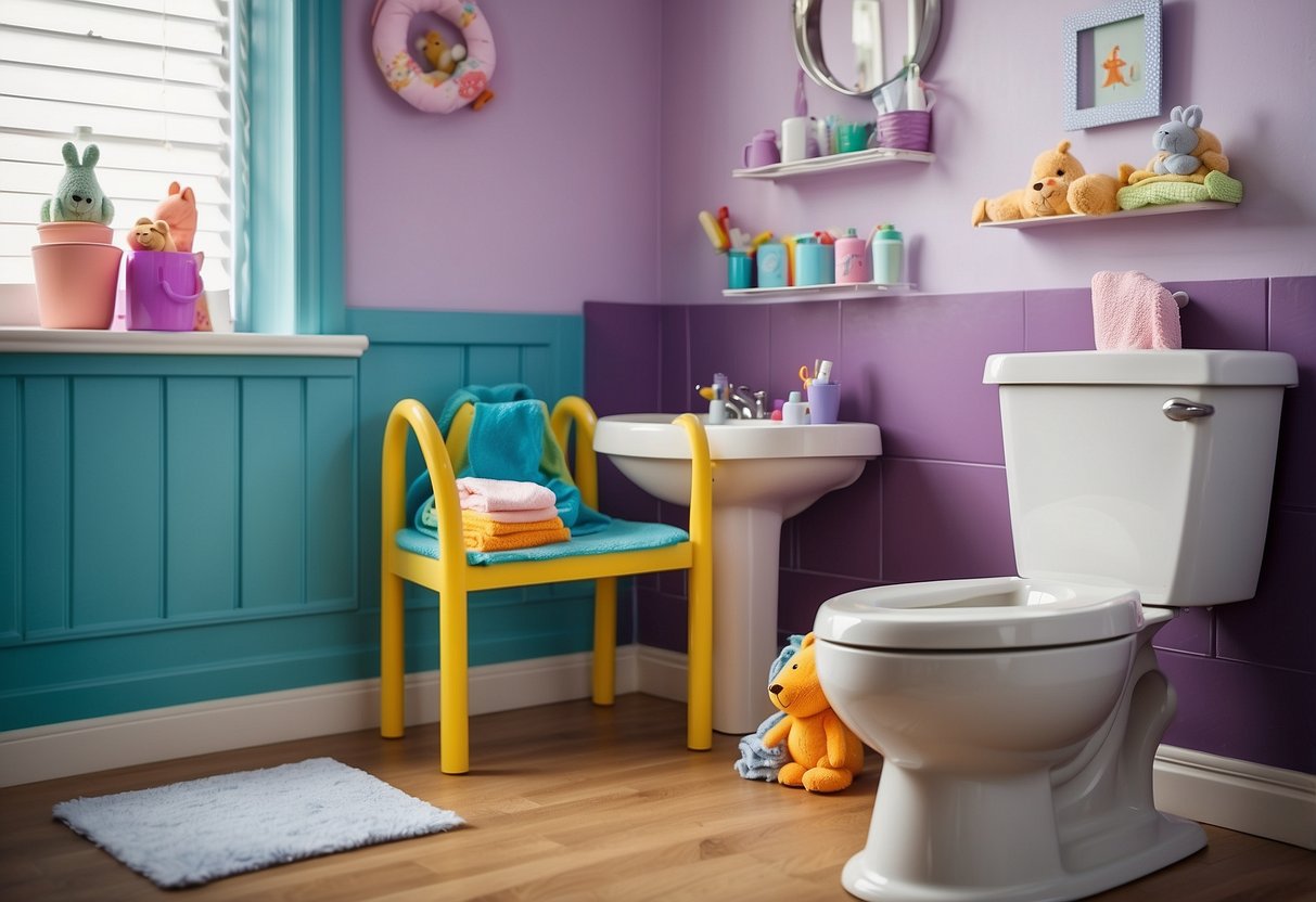 A variety of potty training methods set against a colorful, child-friendly bathroom backdrop, including a potty chair, step stool, and reward chart