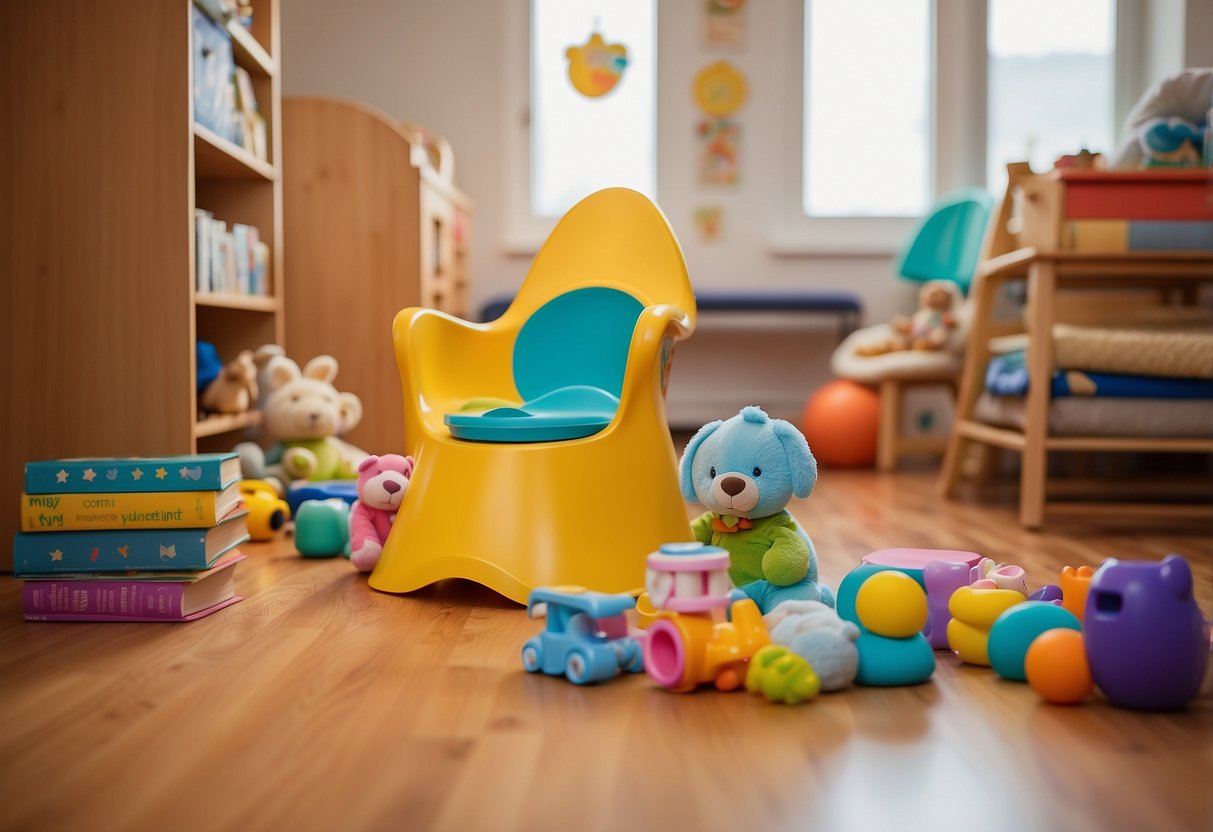 A toddler's potty chair surrounded by colorful toys and books, with a chart on the wall tracking successful potty training days