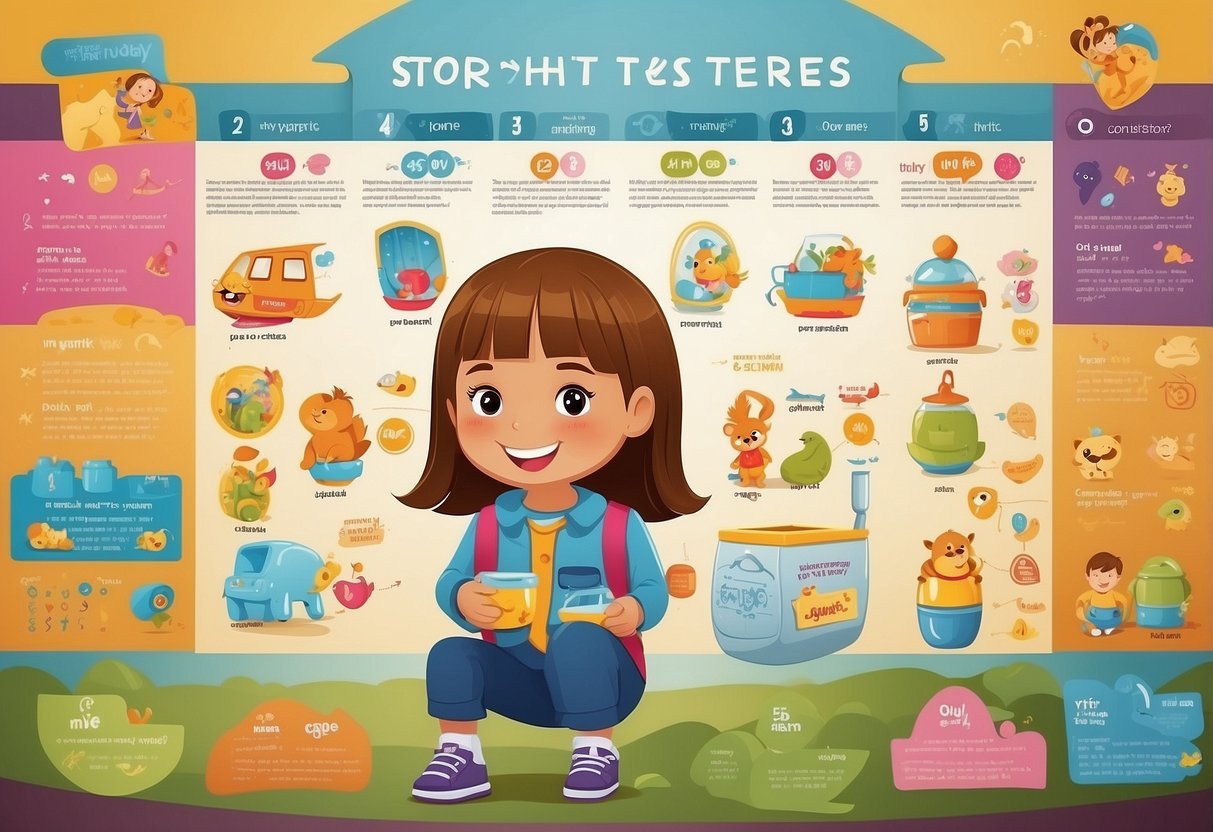 A colorful chart with 8 different potty training methods, each labeled with a unique reward system, surrounded by cheerful illustrations of happy toddlers