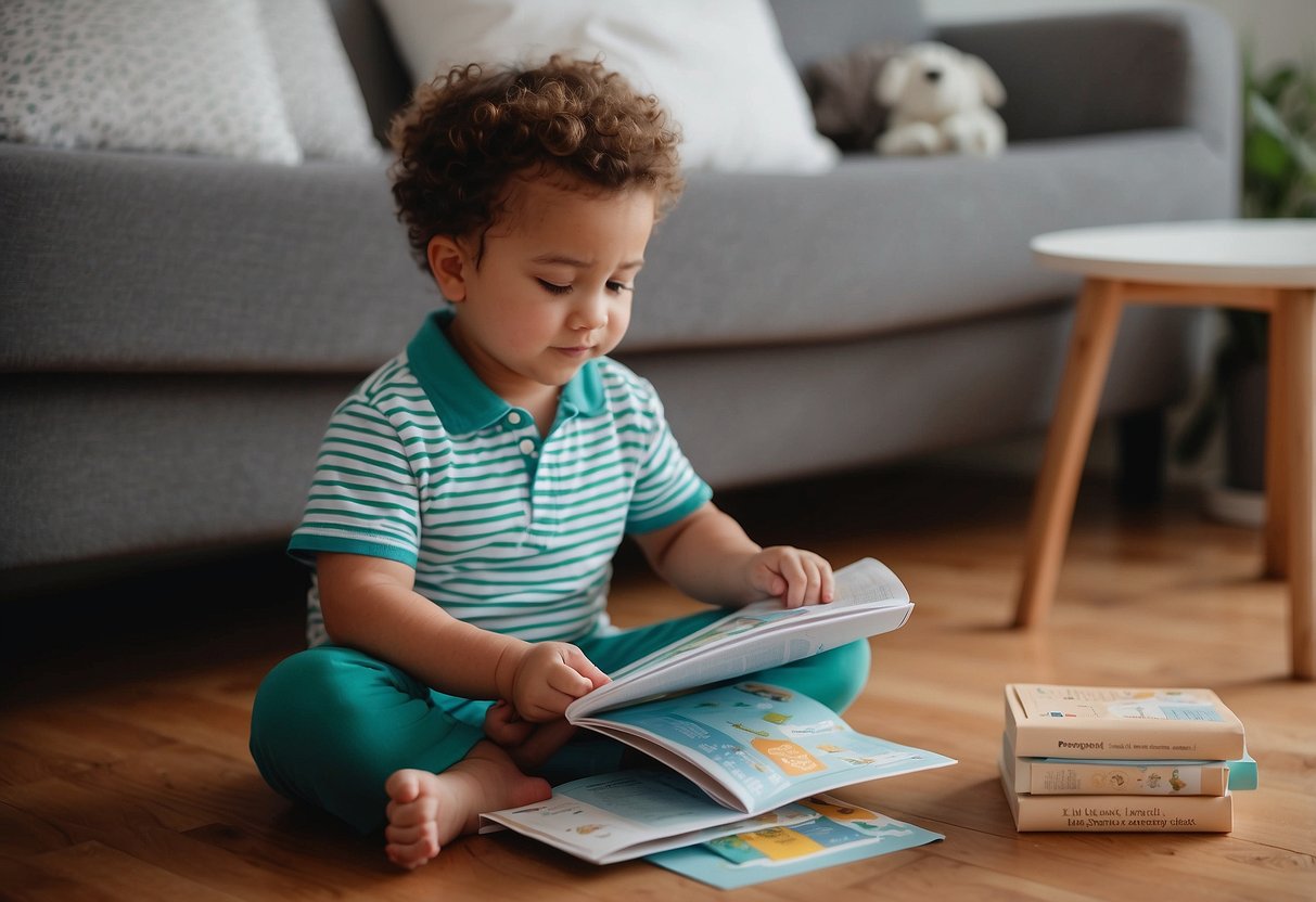 A variety of potty training methods laid out on a table, including a potty chair, training pants, and a reward chart. A parent is seen reading a book titled "8 Potty Training Methods That Actually Work."