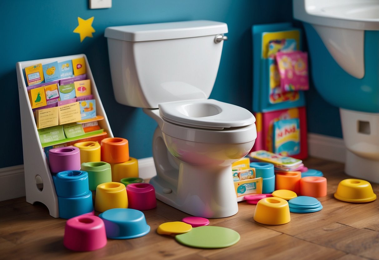 A child's potty surrounded by colorful step stools, toilet seat covers, flushable wipes, and a reward chart with stickers