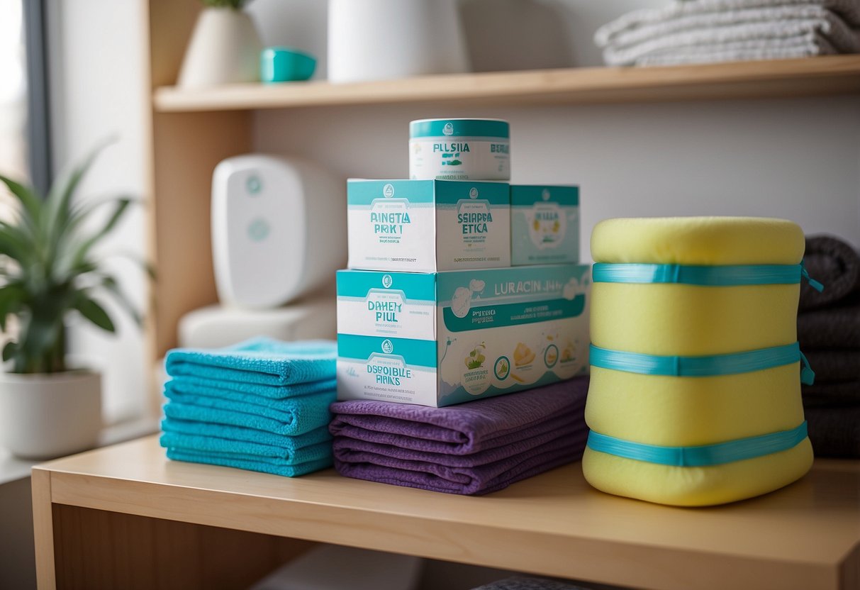 A stack of disposable potty training pads sits neatly on a shelf, surrounded by other essential potty training products