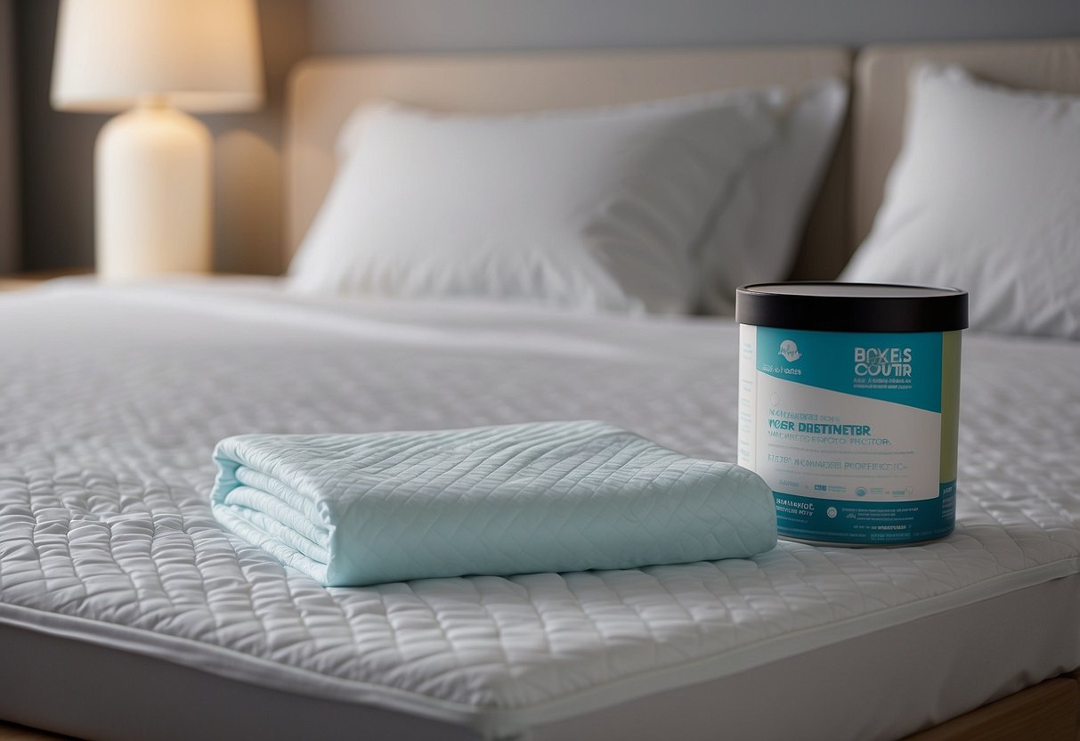 A waterproof mattress protector is shown covering a bed, with potty training products displayed nearby