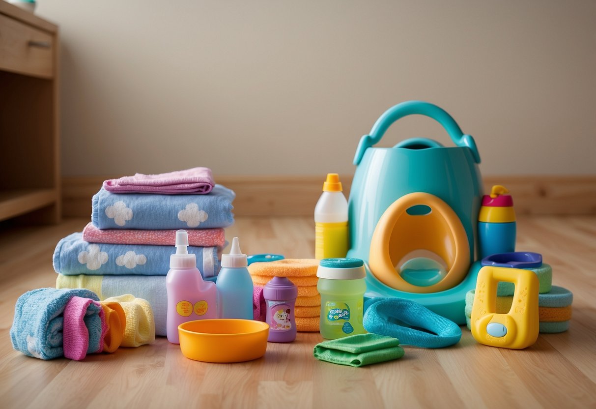 A toddler's potty training pants surrounded by a colorful array of potty training products, including a potty seat, step stool, and reward chart