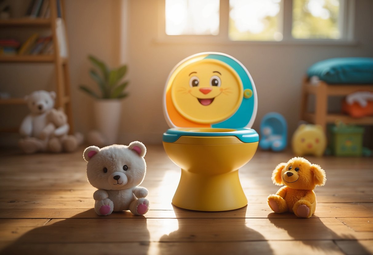 A child's colorful potty surrounded by playful animal characters, with a smiling sun in the background. A stack of potty training products sits nearby