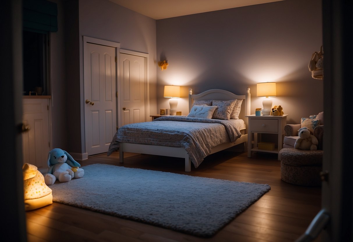 A child's bedroom at night, with a soft glow emanating from a potty training night light. The light illuminates the path to the bathroom, providing comfort and reassurance for the child during nighttime potty training