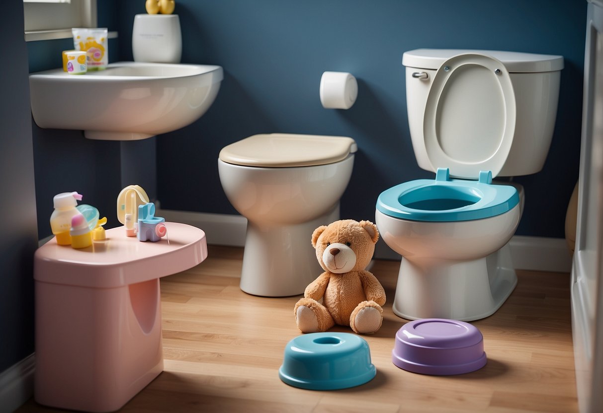 A child's potty surrounded by various potty training products such as a step stool, splash guard, reward chart, and training pants