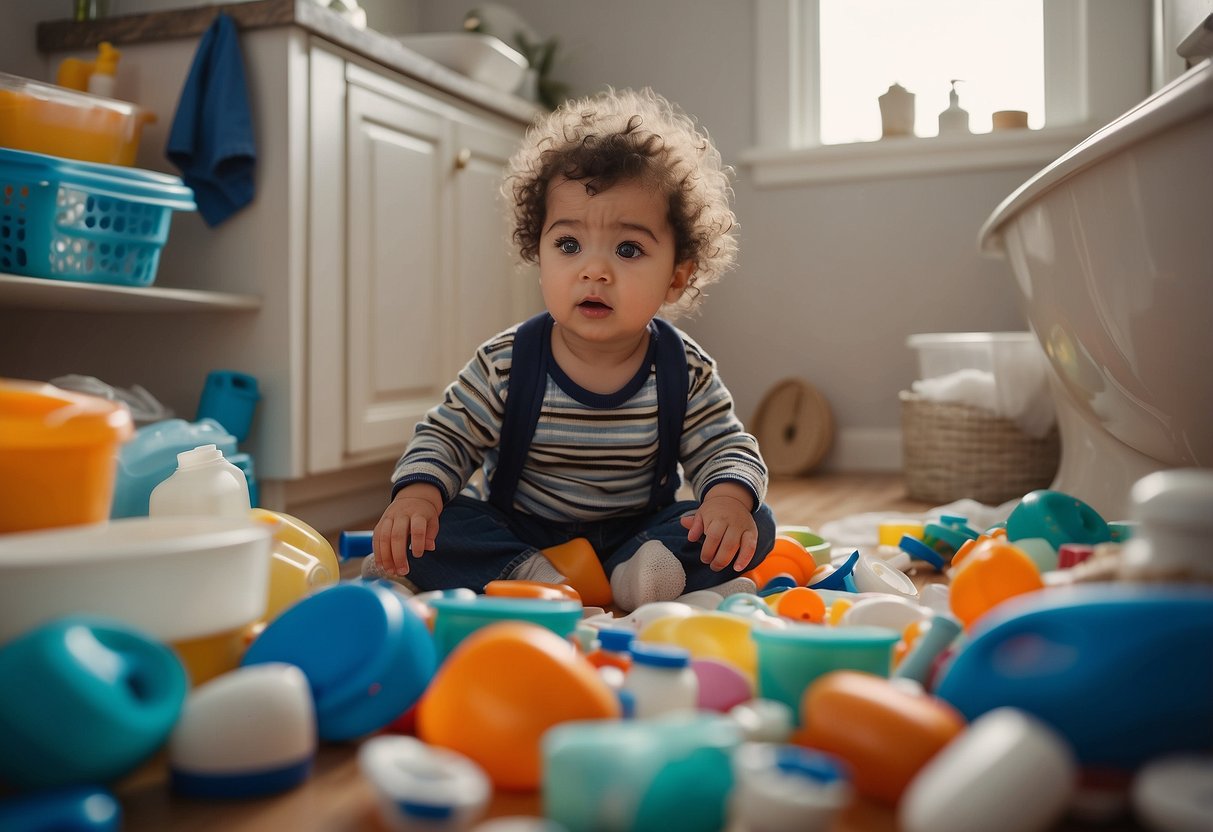 A cluttered bathroom with unnecessary potty training products scattered around. A frustrated parent looks overwhelmed by the variety of items