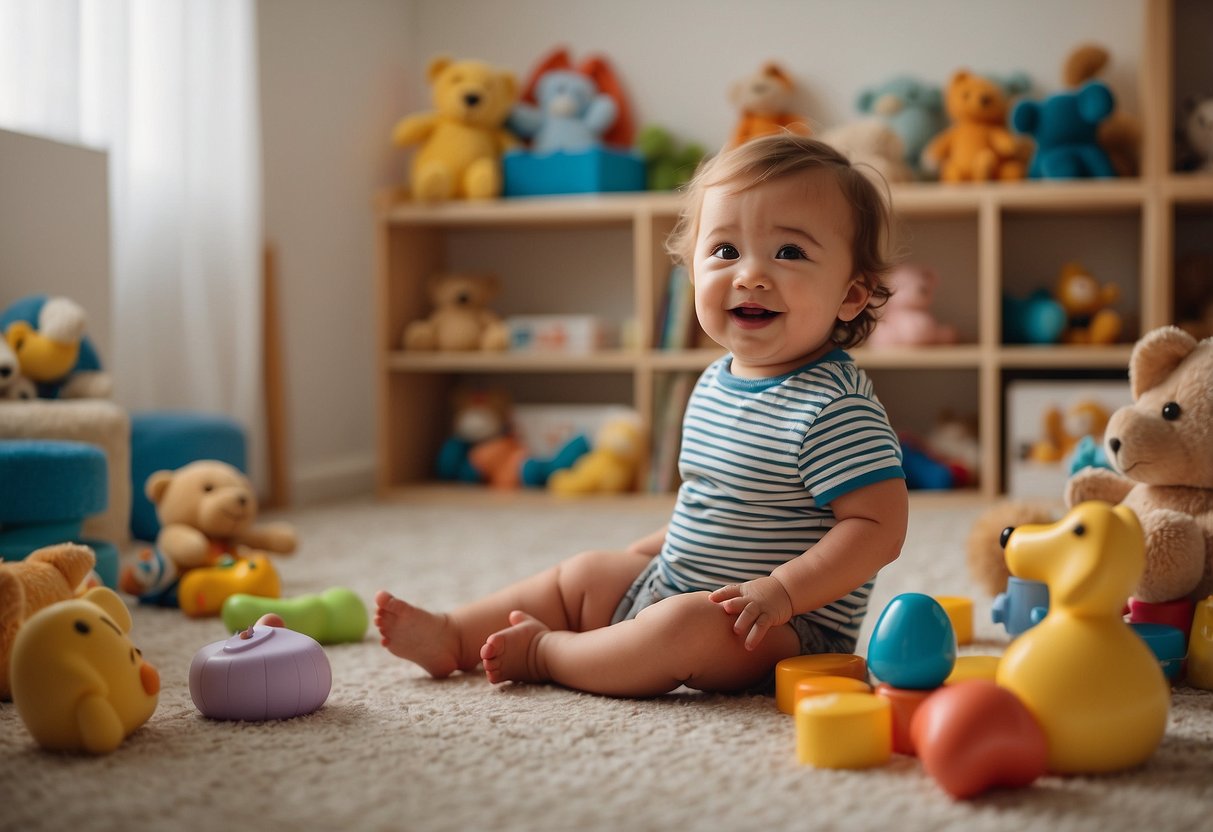 A toddler sits on a potty, surrounded by toys and books. A parent smiles and encourages the child, debunking myths about potty training