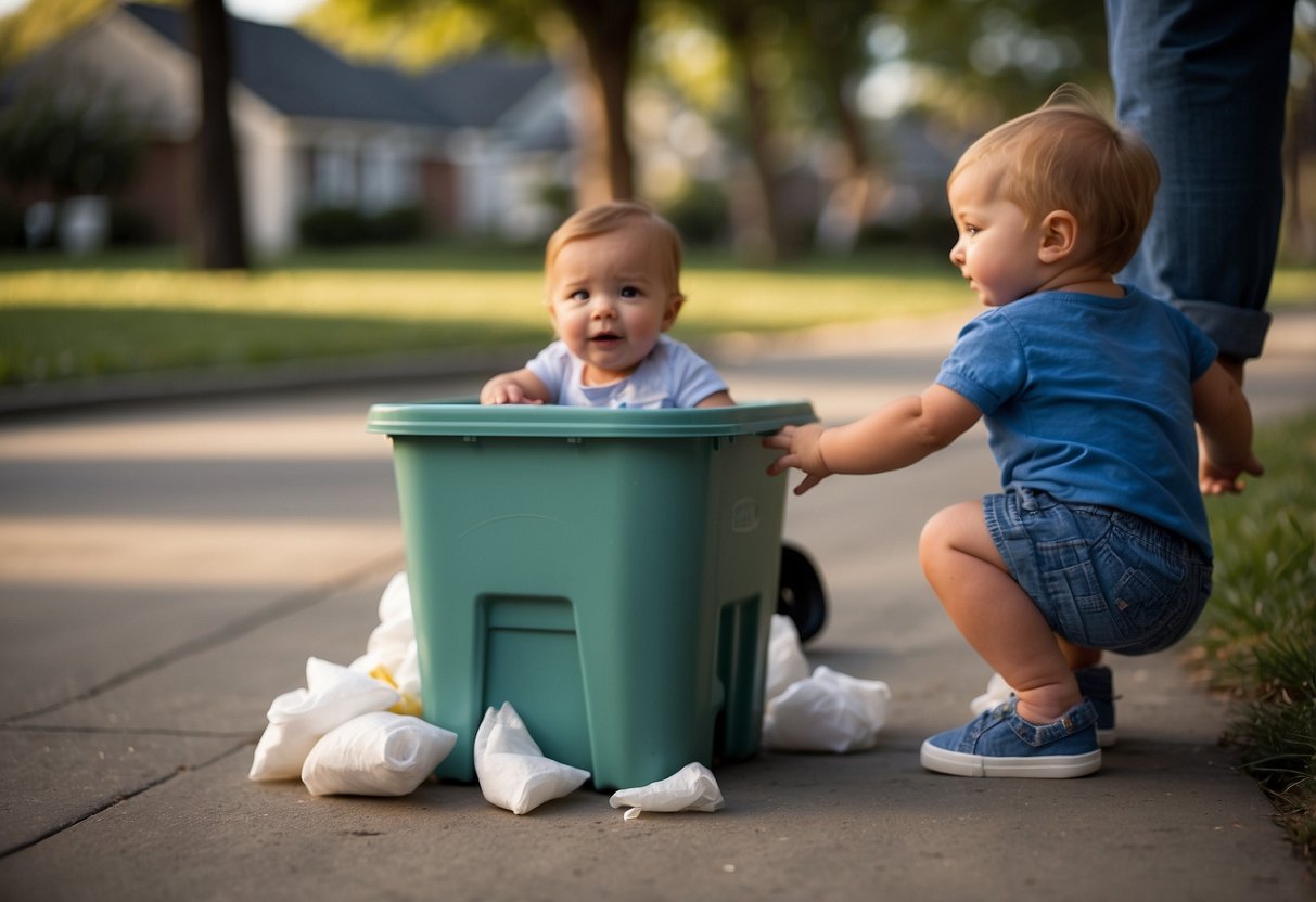 A toddler's soiled diaper being thrown into a trash can, while a parent gently encourages them to use the potty instead