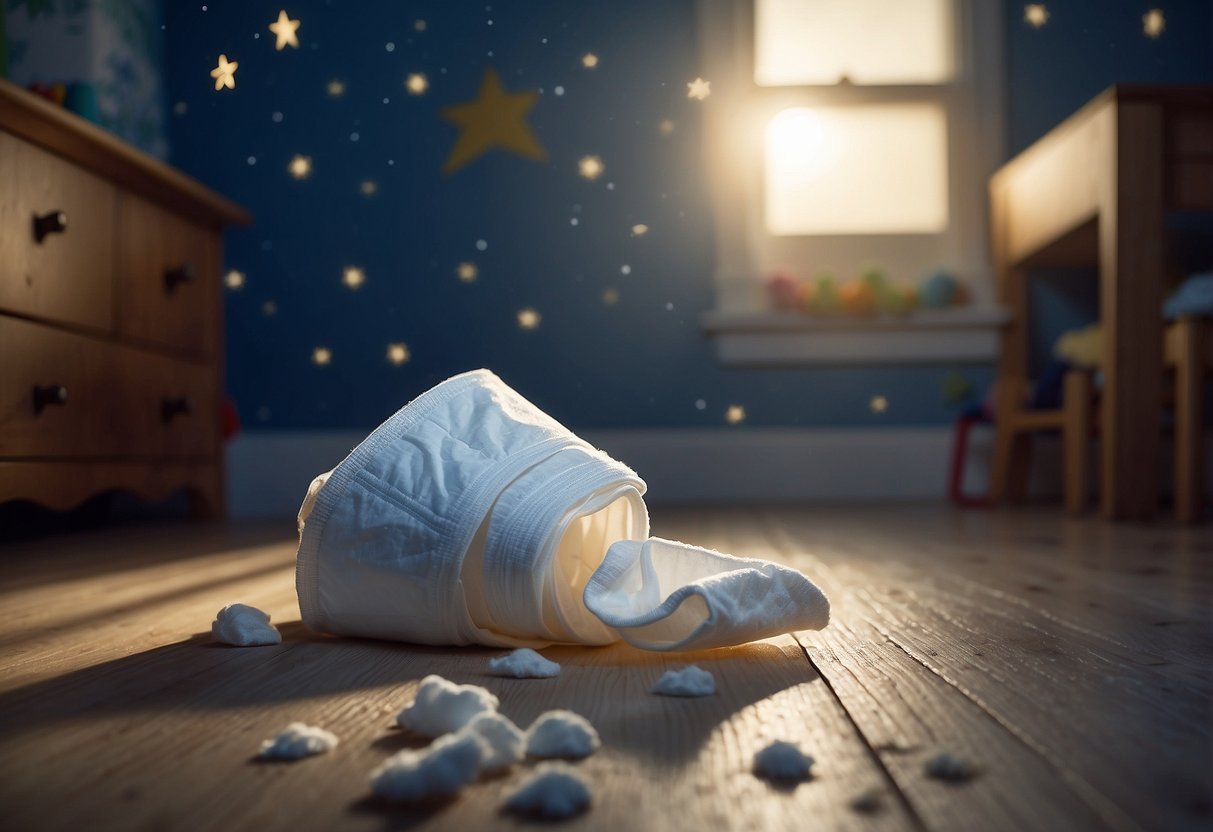 A toddler's diaper lies abandoned on the floor, surrounded by a trail of tiny footprints leading to the bathroom. The moonlight filters through the window, illuminating the empty bed and the potty chair waiting patiently in the corner