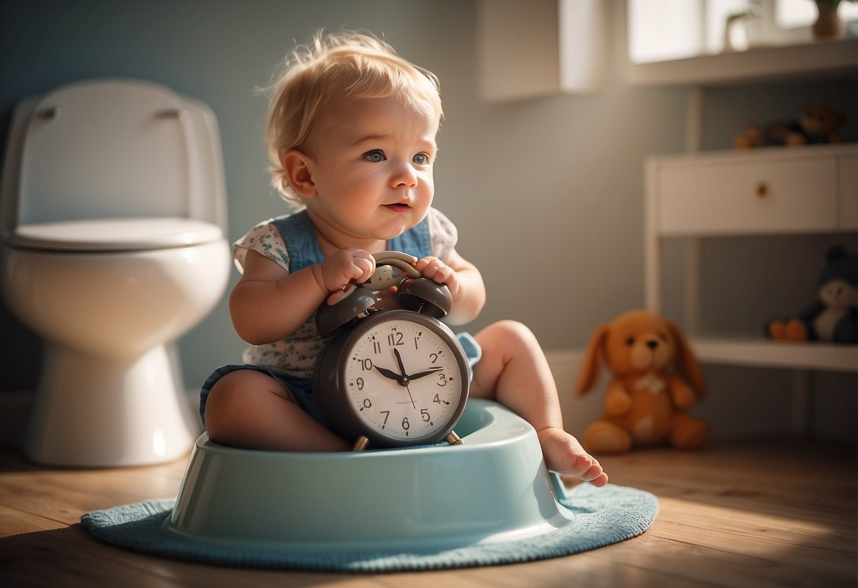 A toddler eagerly sits on a potty while a clock shows an early morning time. Diapers are tossed aside, symbolizing the debunking of the myth that starting early leads to early completion of potty training