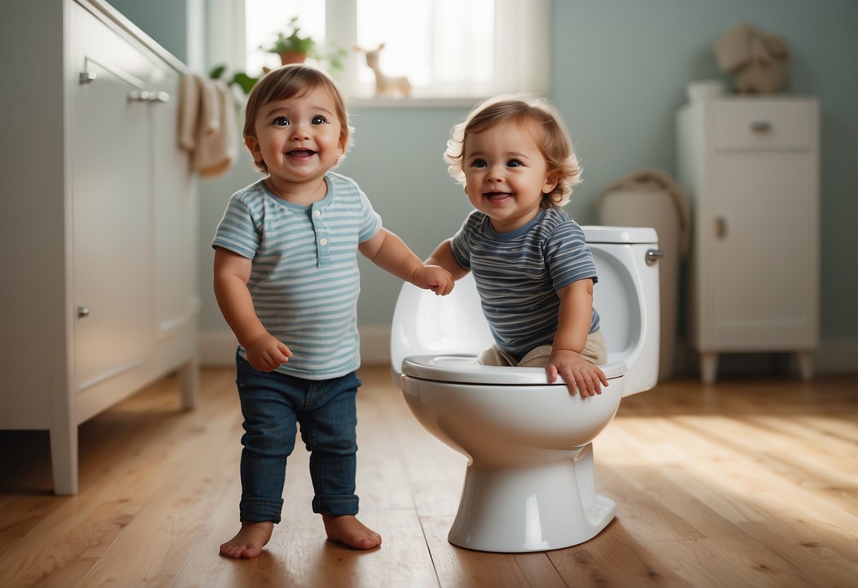 A toddler triumphantly standing next to a potty, with a beaming parent in the background holding up a diaper, symbolizing the success of debunking the myth that rewards always work for potty training