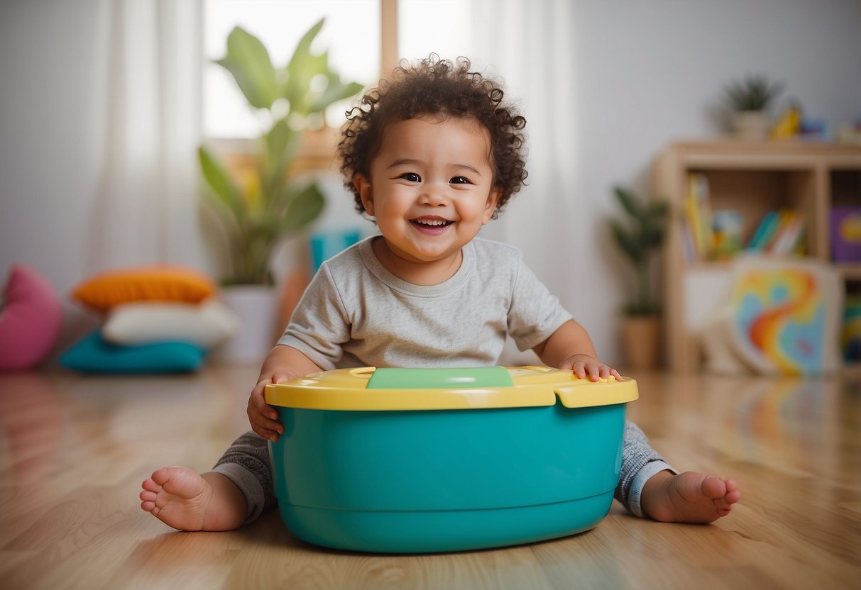 A toddler happily using the potty, surrounded by books debunking potty training myths. A smiling parent looks on, proud of their diaper-free child