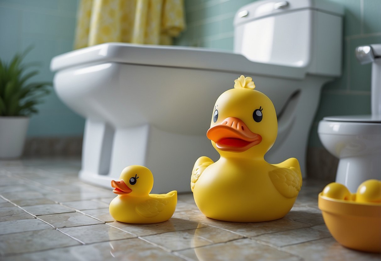 A child's potty sits in a bright, cheerful bathroom. A step stool and toilet paper are nearby. A playful rubber ducky floats in the bathtub