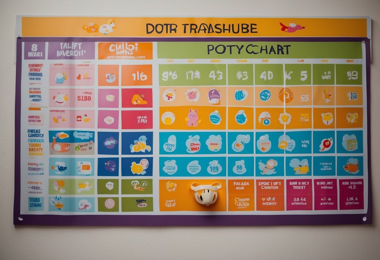 A child's potty schedule chart with colorful stickers and 8 helpful potty training tips displayed on a wall