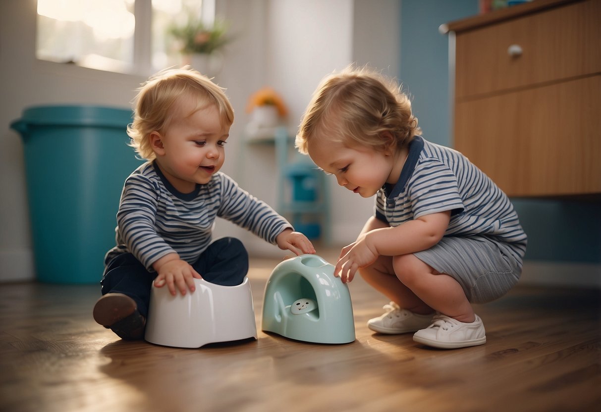 A toddler's potty tipped over, spilling its contents on the floor. A parent kneels nearby, offering gentle reassurance and guidance