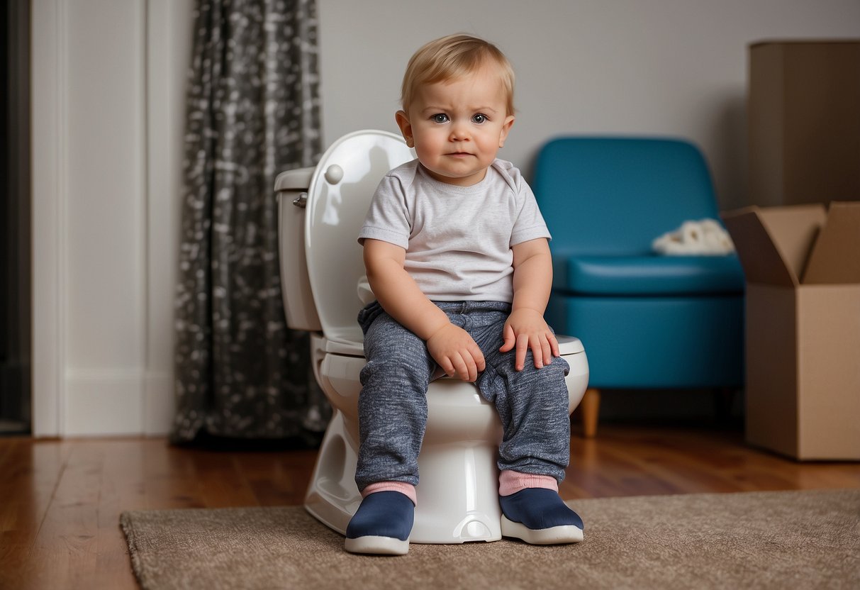 A toddler sitting on a potty chair with a determined expression, surrounded by encouraging parents and a stack of training pants