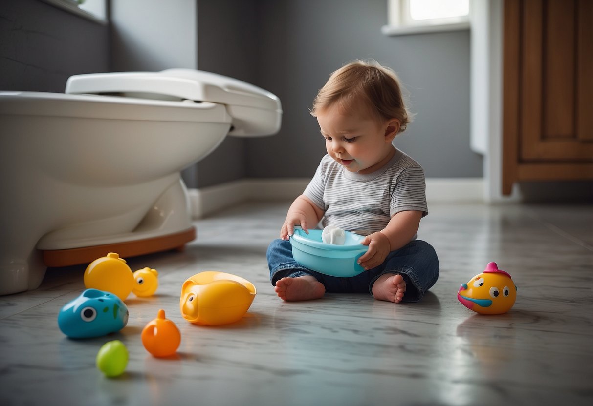 A child's potty with spilled water, toys inside, and a frustrated parent holding a soiled diaper