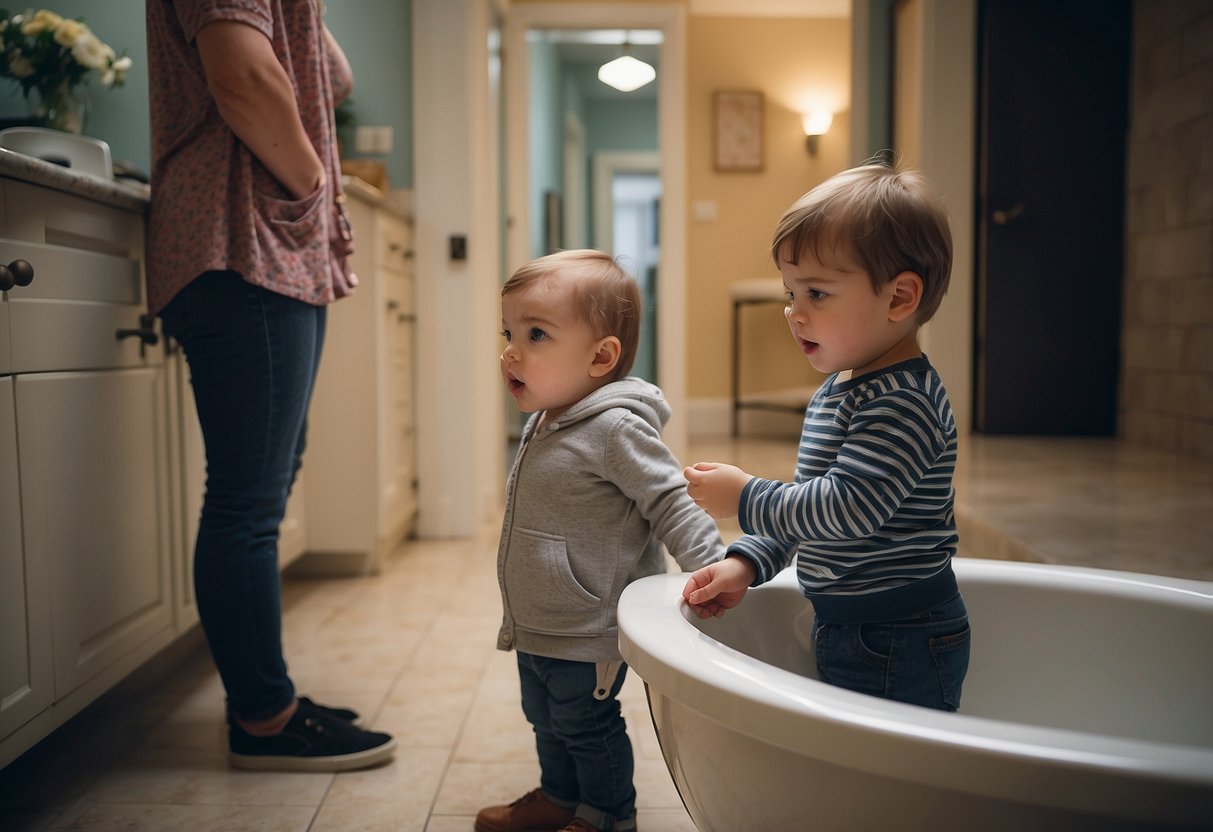 A child stands next to a potty, looking up at a distracted adult. The adult is engrossed in their phone, oblivious to the child's cues