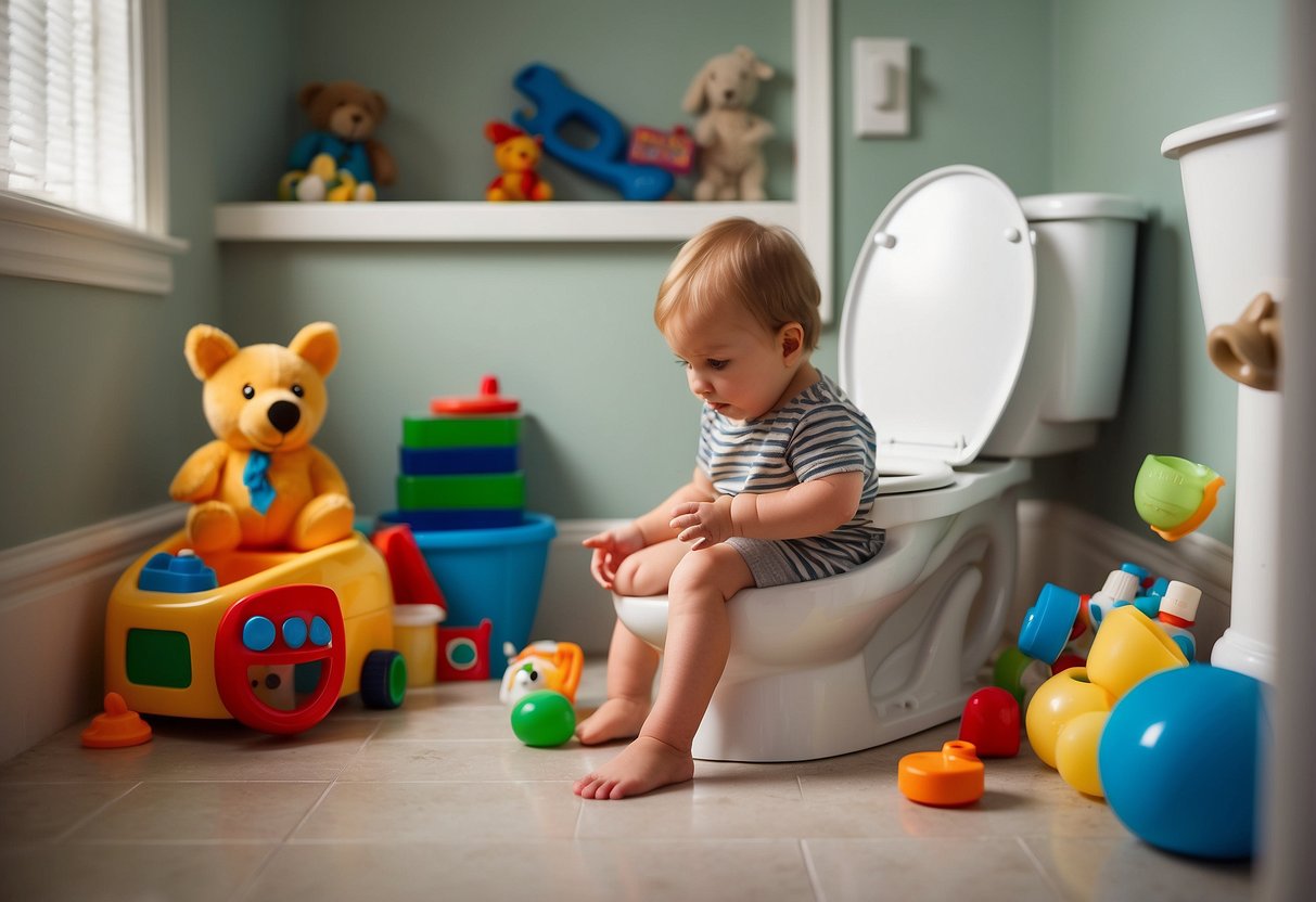 A child's potty sits in a bathroom, surrounded by scattered toys and a frustrated parent's hand reaching for a "Do Not" list